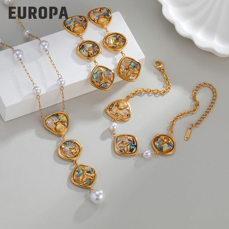Women's Abalone Shell Tassel Gold Titanium Steel High-grade Jewelry Set