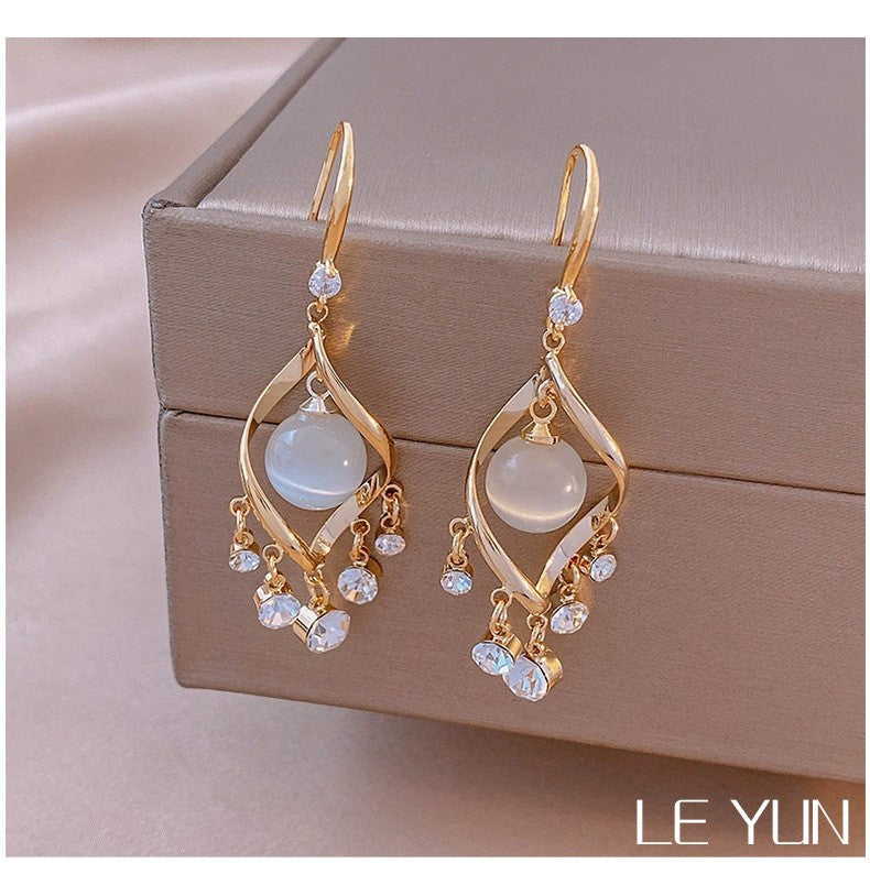 Women's Retro Opal Temperament Spiral Shiny Diamond Tassel Stud Earrings