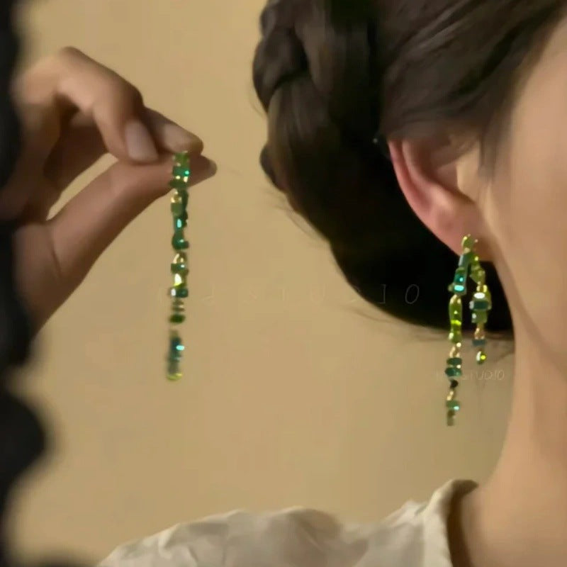 Women's Chinese Style National Burning Blue Beads Long Fringe Niche Retro Earrings