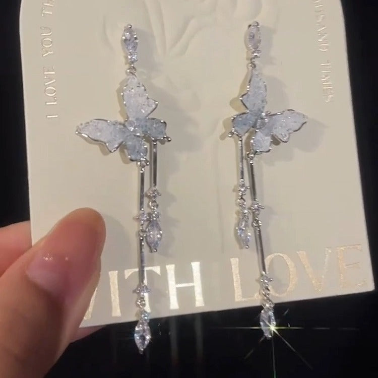 Fairy Gradient Butterfly Rhinestone Tassel Niche Design Unique Stud Earrings