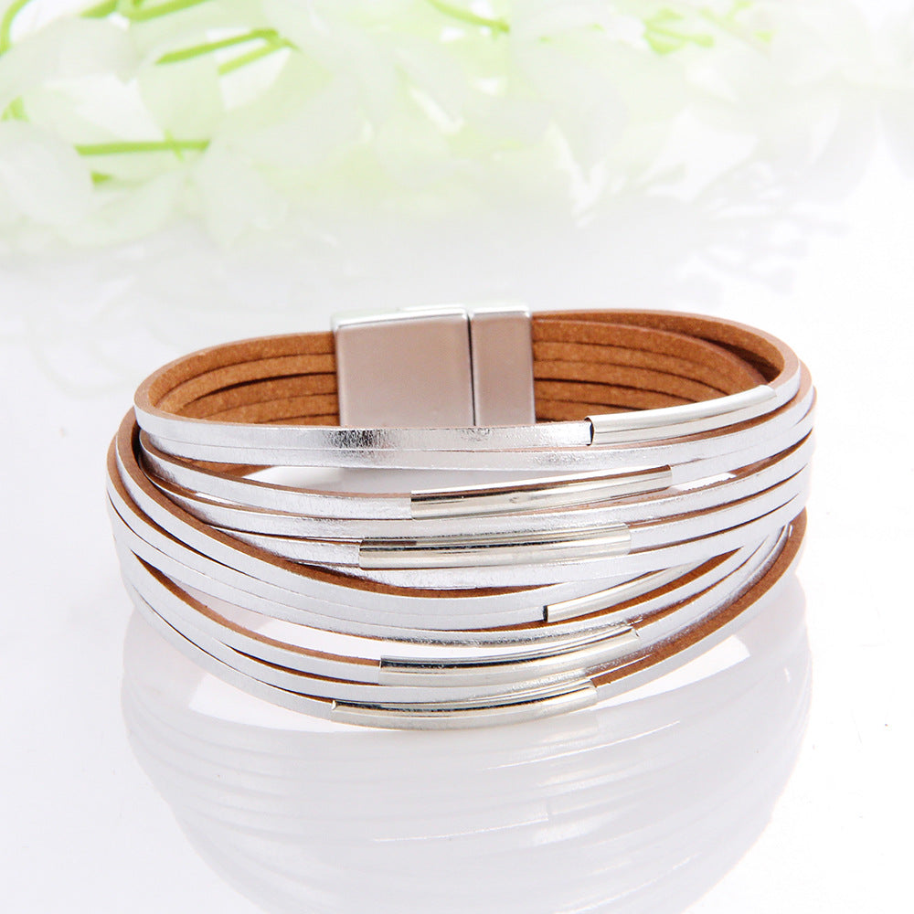 Women's Wide Brim Magnetic Snap Leather Fashion Bracelets