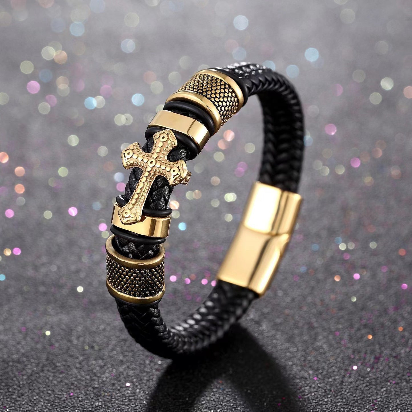 Men's Cross Leather Handmade Braided Rope Magnetic Bracelet