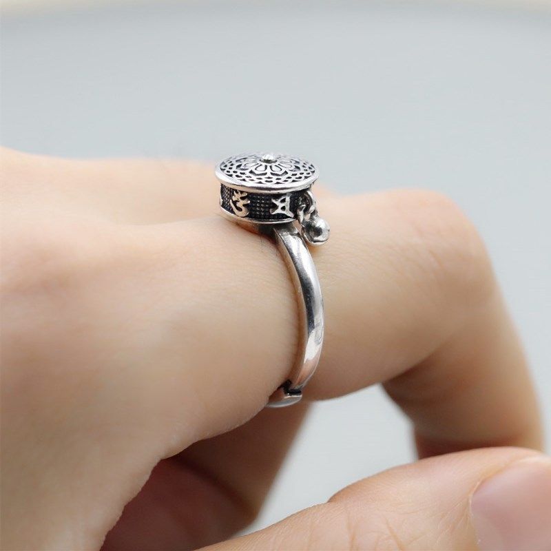 Women's Sier Six Words Mantra Heart Sutra Rotating Open Mouth Rings