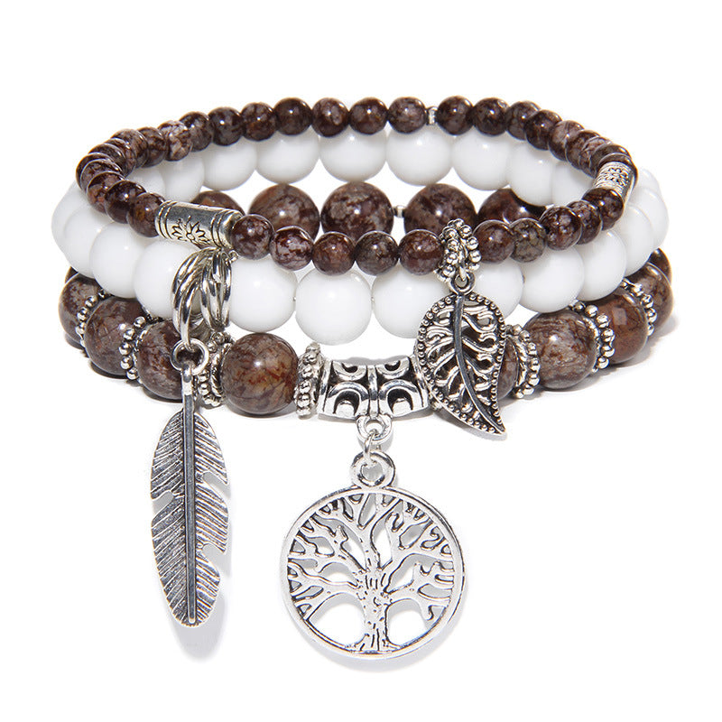 Women's Stone Bead Three-piece Tree Of Life Feather Vintage Bracelets