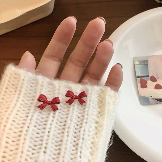 Red Bow Retro Matte Texture Gentle Style Daily Stud Earrings