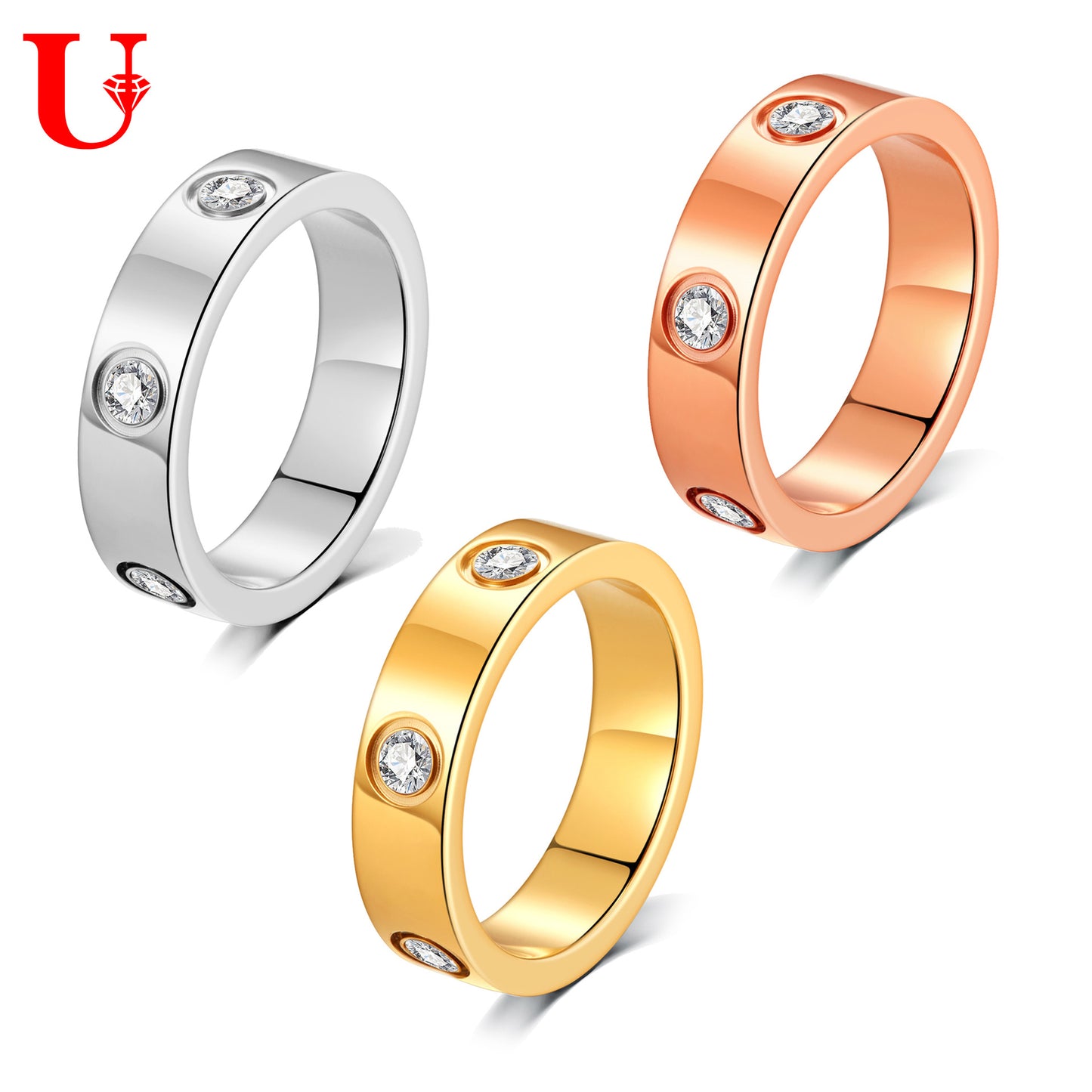 Simple Six Rhinestone Embed Titanium Steel Ring