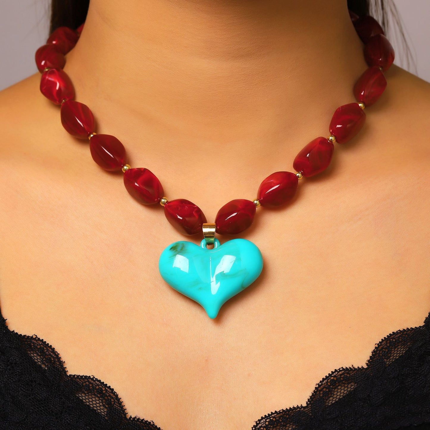 Dopamine Color Resin Big Heart Exaggerated Irregular Beaded Vacation Style Necklaces