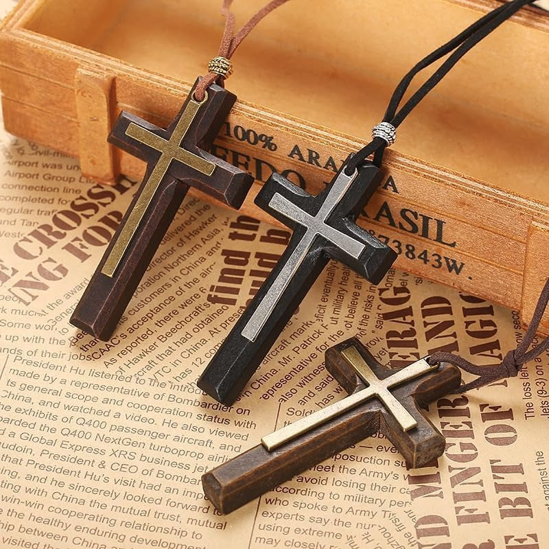 Wood Cross Boys Long Sweater Chain Necklace