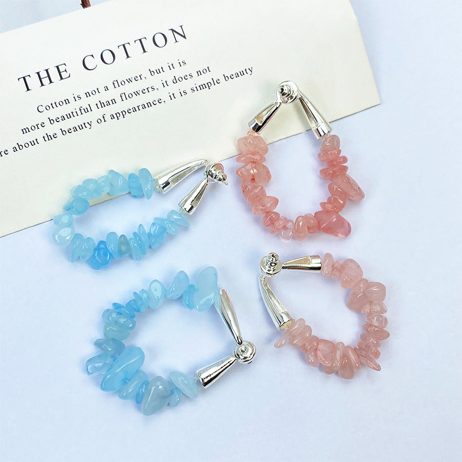 Crystal Gravel Ear Clip Pink Aquamarine Two-color For Summer Graceful Stud Earrings