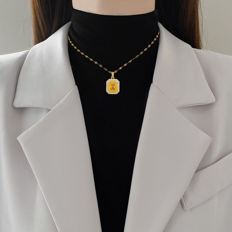 Steel Light Luxury Square Full Rhinestone Zircon Design Versatile Korean Necklaces
