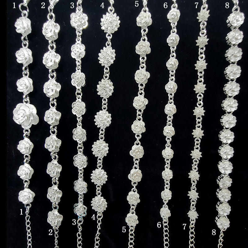 Vintage Sweater Chain Long Rose Flower Brushed Sier Plated Tourist Jewelry Set