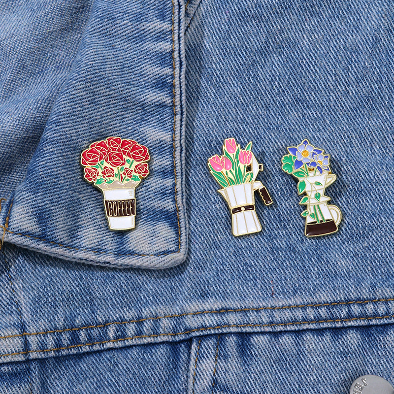 Cup Rose Tulip Sunflower Cute Schoolbag Decorative Brooches