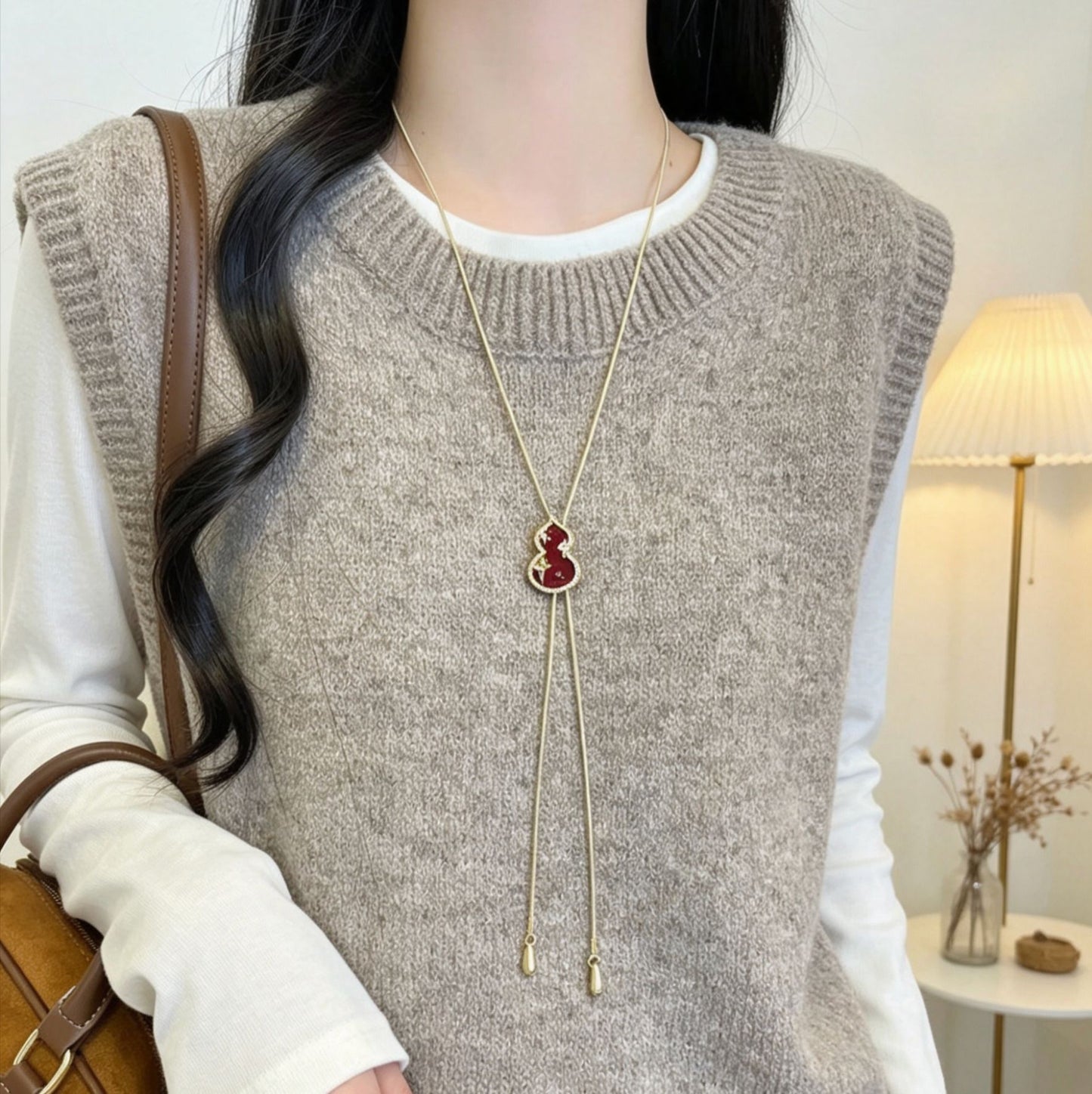 Women's Retro Pull Red Gourd Tassel High-grade Versatile Fashion Long Sweater Necklaces