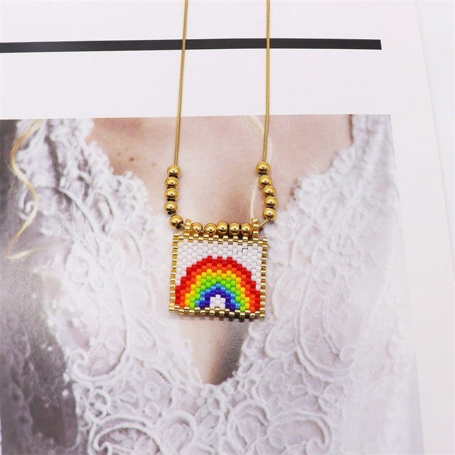 Bohemian Style Gold Rainbow Love Devil's Eye Square Necklaces