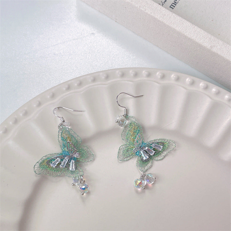 Korean Style Retro Green Butterfly Long Asymmetric Earrings
