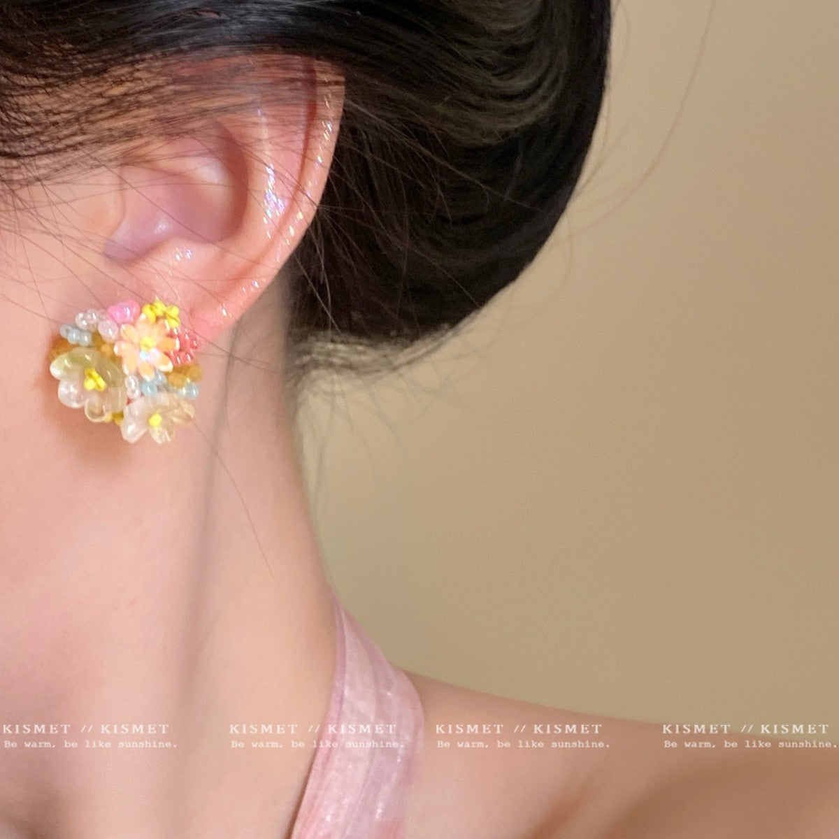 Spring Dopamine Beaded Flower Female Gradient Rings