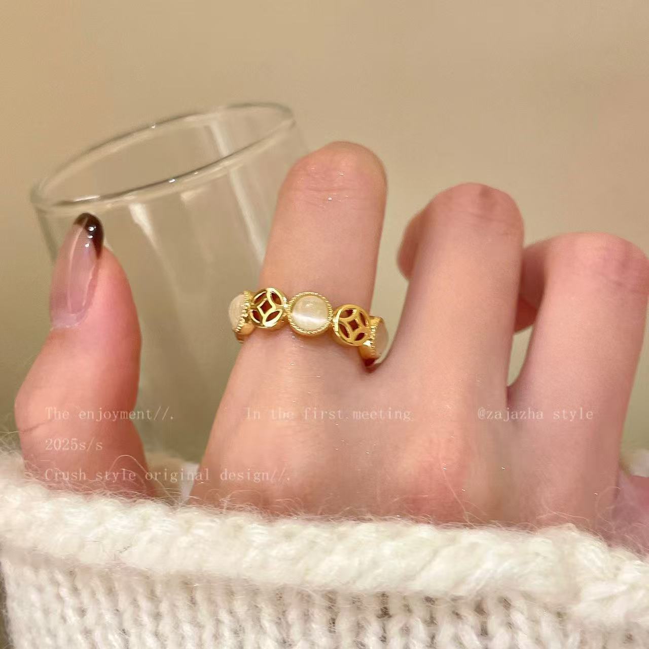 Gold Dynasty Five Coins Opal Female Light Luxury High Rings
