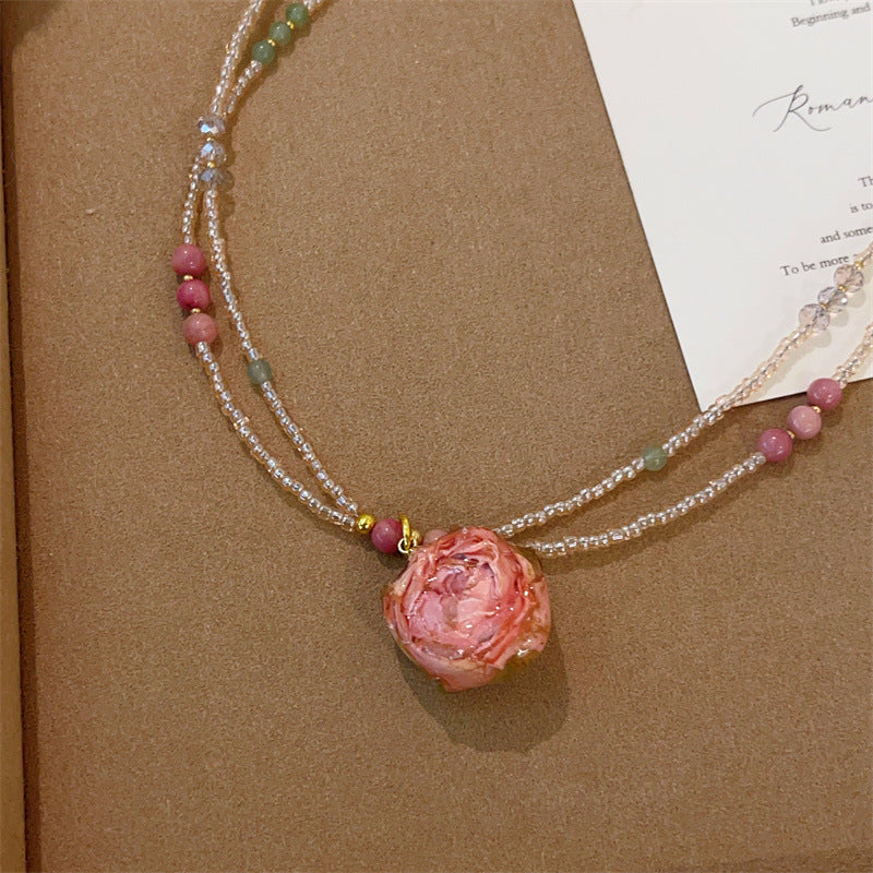 Czech Beads Real Flowers Rose Flower Vintage Twin Fresh Clavicle Necklaces