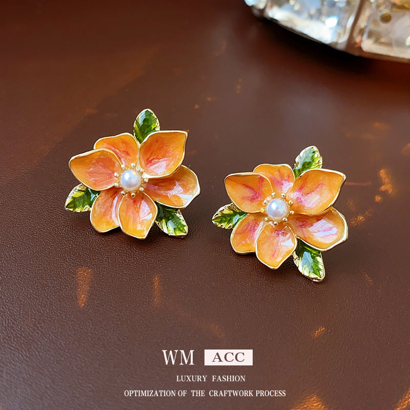 Sier Needle Drop Oil Flower Pearl French Artistic Retro Rings