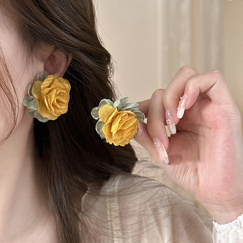 Fabric Flower Fresh Design Contrast Color Earrings