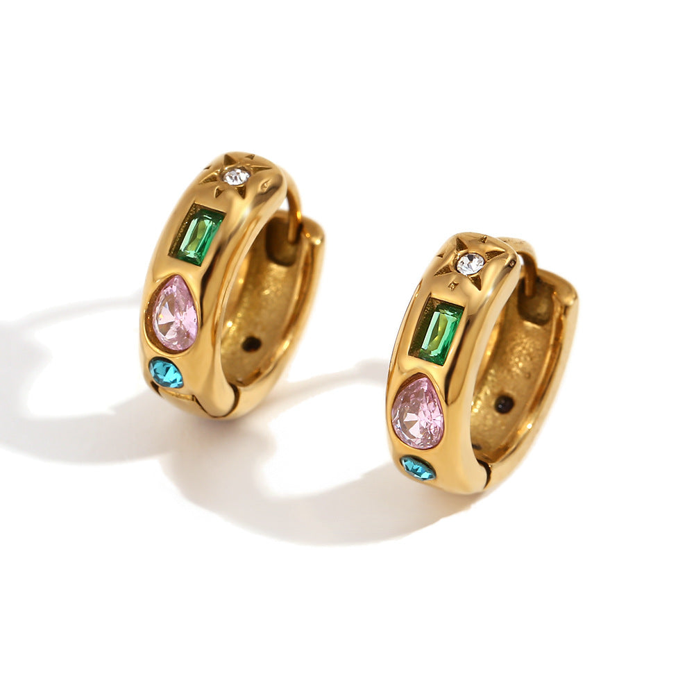 Women's Stainless Steel Gold-plated Open Round Diamond Water Drop Rectangle Geometric Jewelry Set