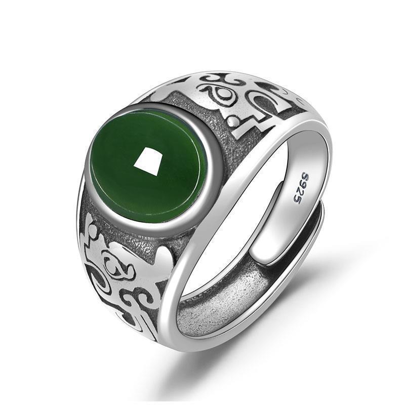 Men's Marcasite Imitation Jade Sier-plated Retro Emerald Rings