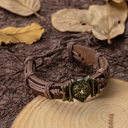 Personality Retro Wolf Head Lion's Leather Adjustable Wrist Bracelet