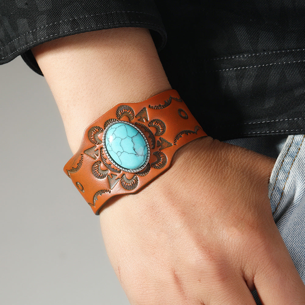 Men's Vintage Turquoise Adjustable Cattle Leather Simple Bracelet