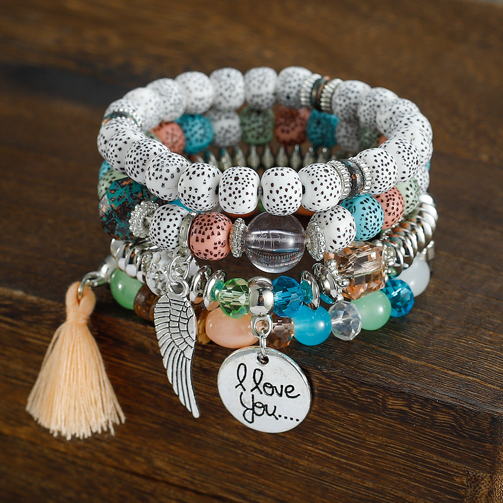 Combination Buddha Beads Simple Disc Heart Wings Tassel Bracelet