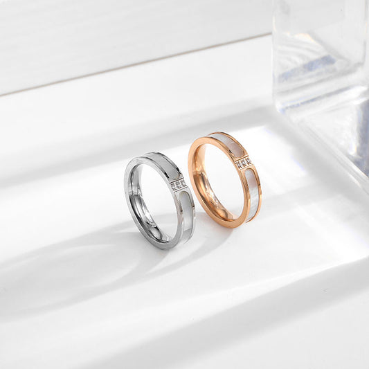 Three Diamond White Shell Titanium Steel Female Niche Style Rings