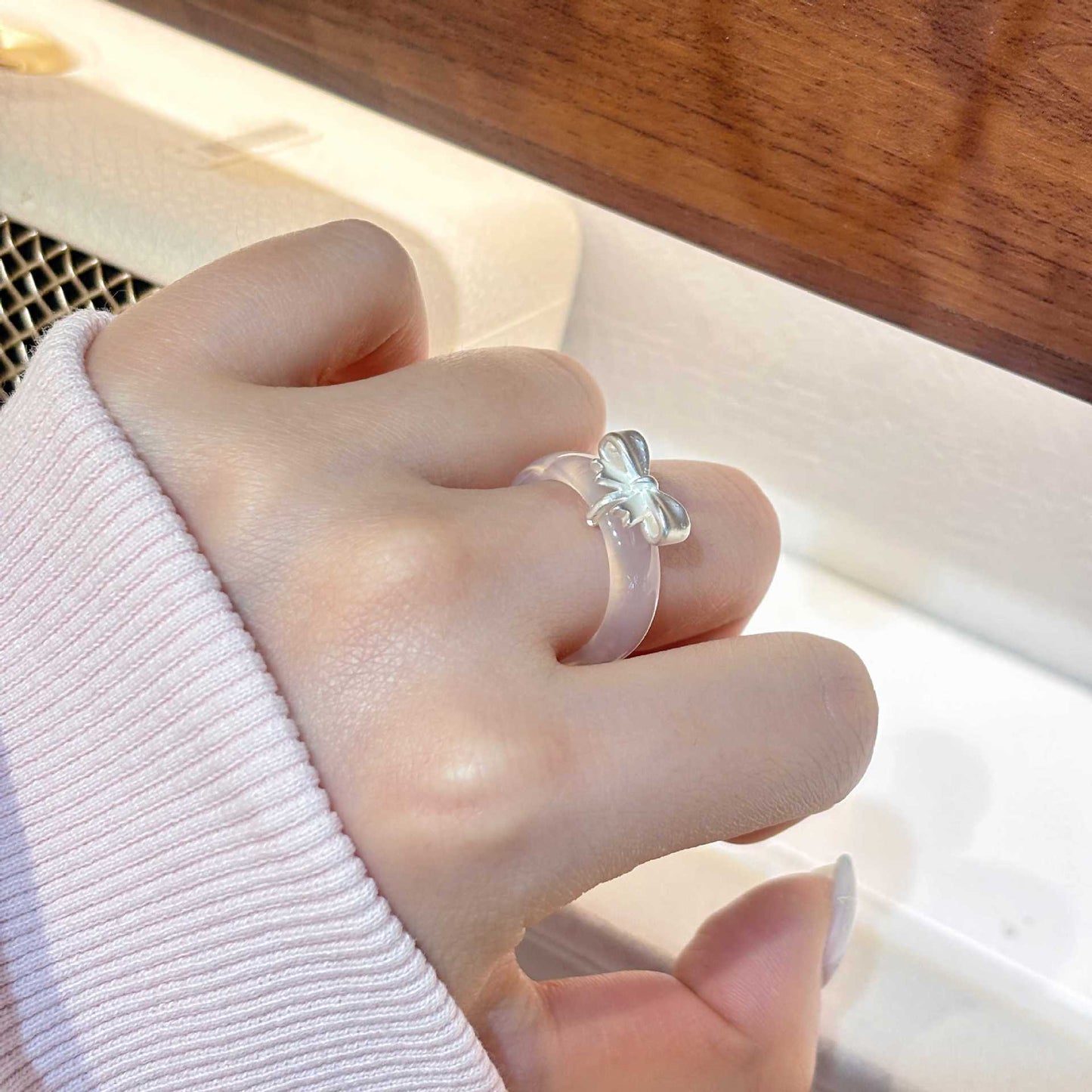 Sweet Sier Bow Chalcedony Female Niche Personality Stylish Ring