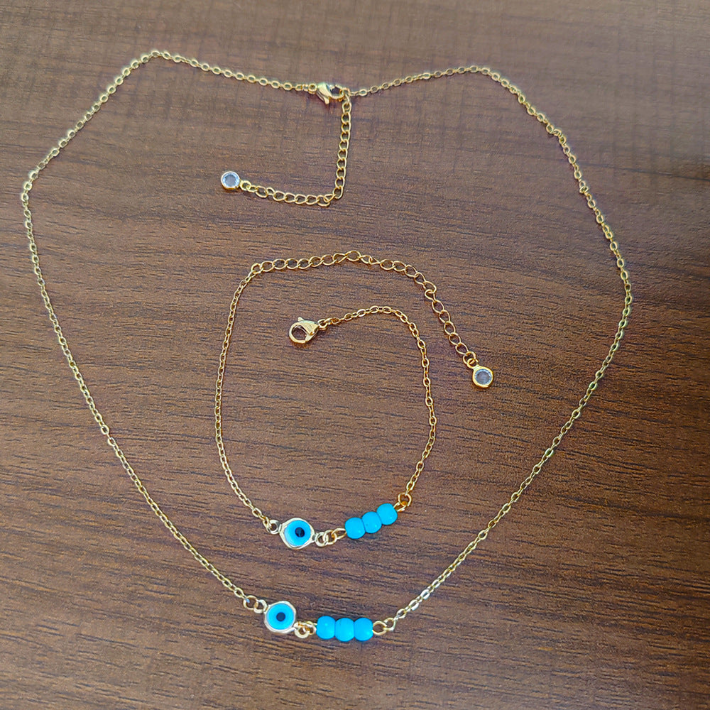Steel Gold-plated Sweet Natural Stone Three Turquoise Beads Eye Necklace