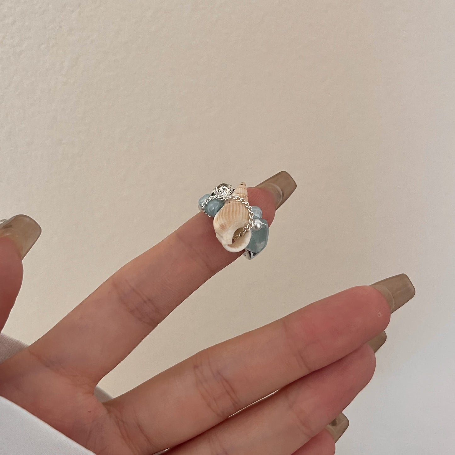 Style Natural Water Blue Stone Shell Handmade Cold Wind Metal Rings