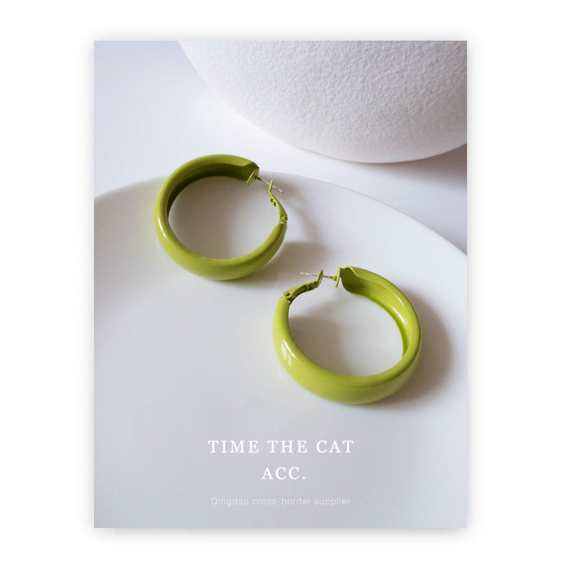 Sier Needle Style Avocado Green Graceful Geometric Big Circle Daily Stud Earrings