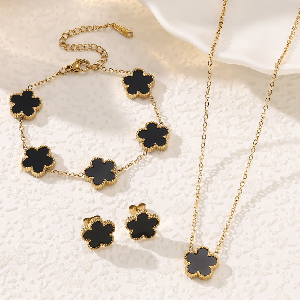 Women's Fashion Stainless Steel Five-leaf Flower Double-sided Jewelry Set