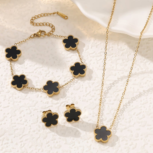Women's Fashion Stainless Steel Five-leaf Flower Double-sided Jewelry Set