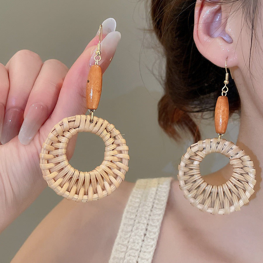 Style Sier Needle Resin Rattan Beads Round Fashion Earrings