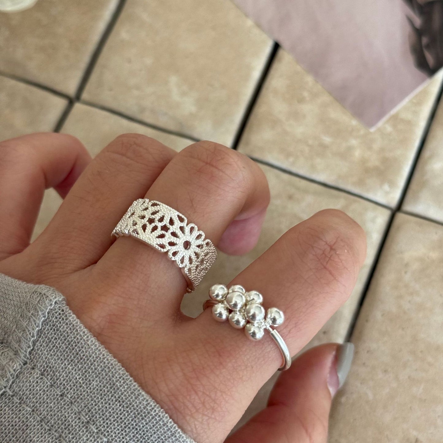 Sier Grape Round Beads Lace Flower Simple Rings