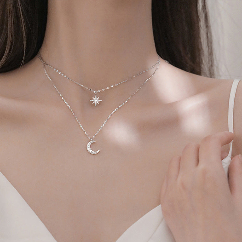 Style Sier Rhinestone Asterism Moon Niche Female Clavicle Chain Design Necklaces
