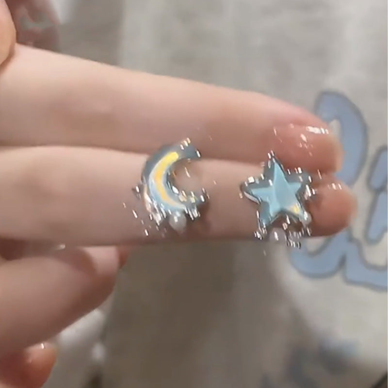 Style Fresh Blue Star Moon Ear Small Exquisite Versatile Pearl Stud Earrings