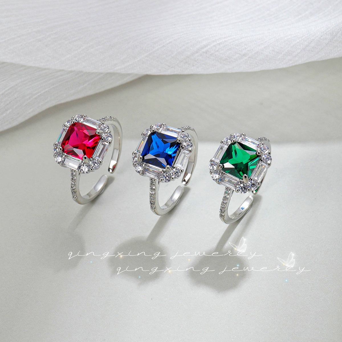 Luxury Fashion Square Synthetic Red Corundum Emerald Blue Pointed Crystal Ring