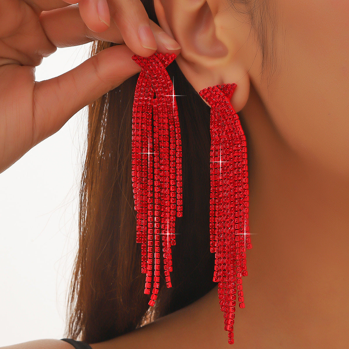 Semicircle Blue Tassel Rhinestone Long Ear Earrings