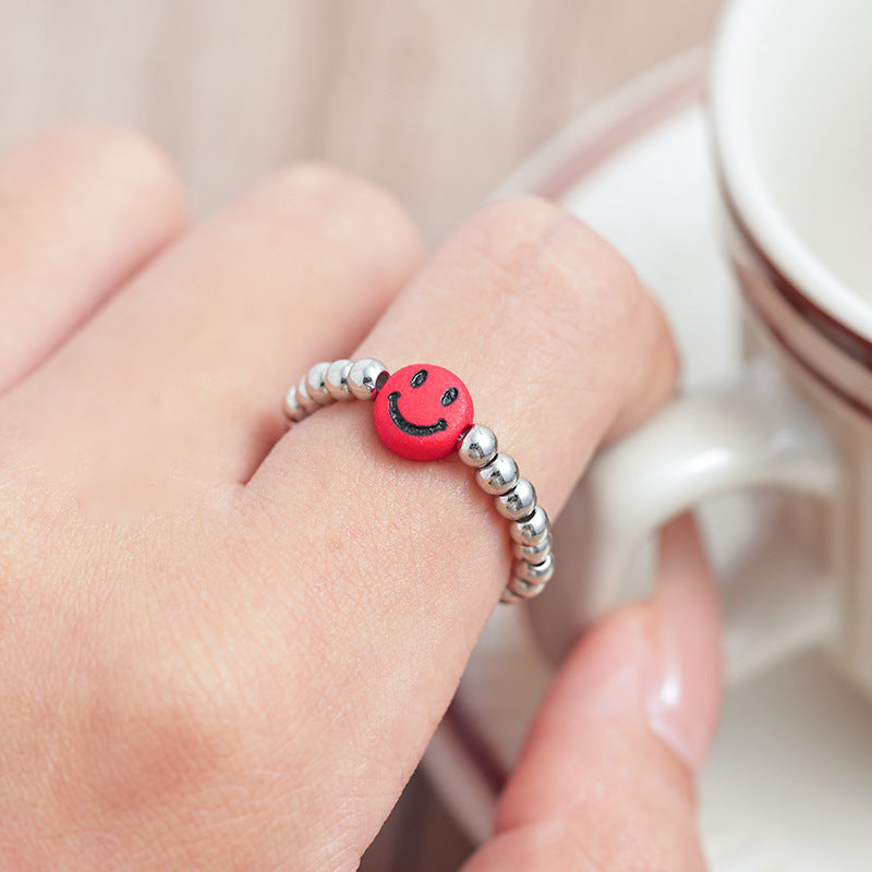 Women's Colorful Smiley Elastic Simple Beaded Index Rings