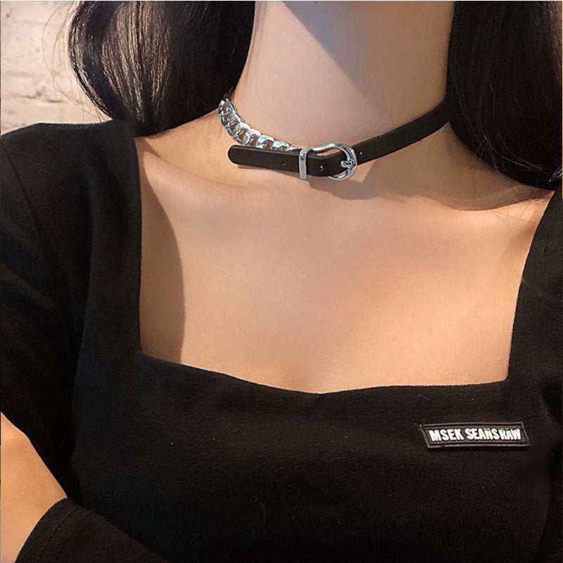 Cowhide String Stitching Titanium Steel Chain Female Hip Hop Disco Necklaces