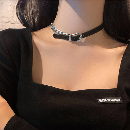 Cowhide String Stitching Titanium Steel Chain Female Hip Hop Disco Necklaces
