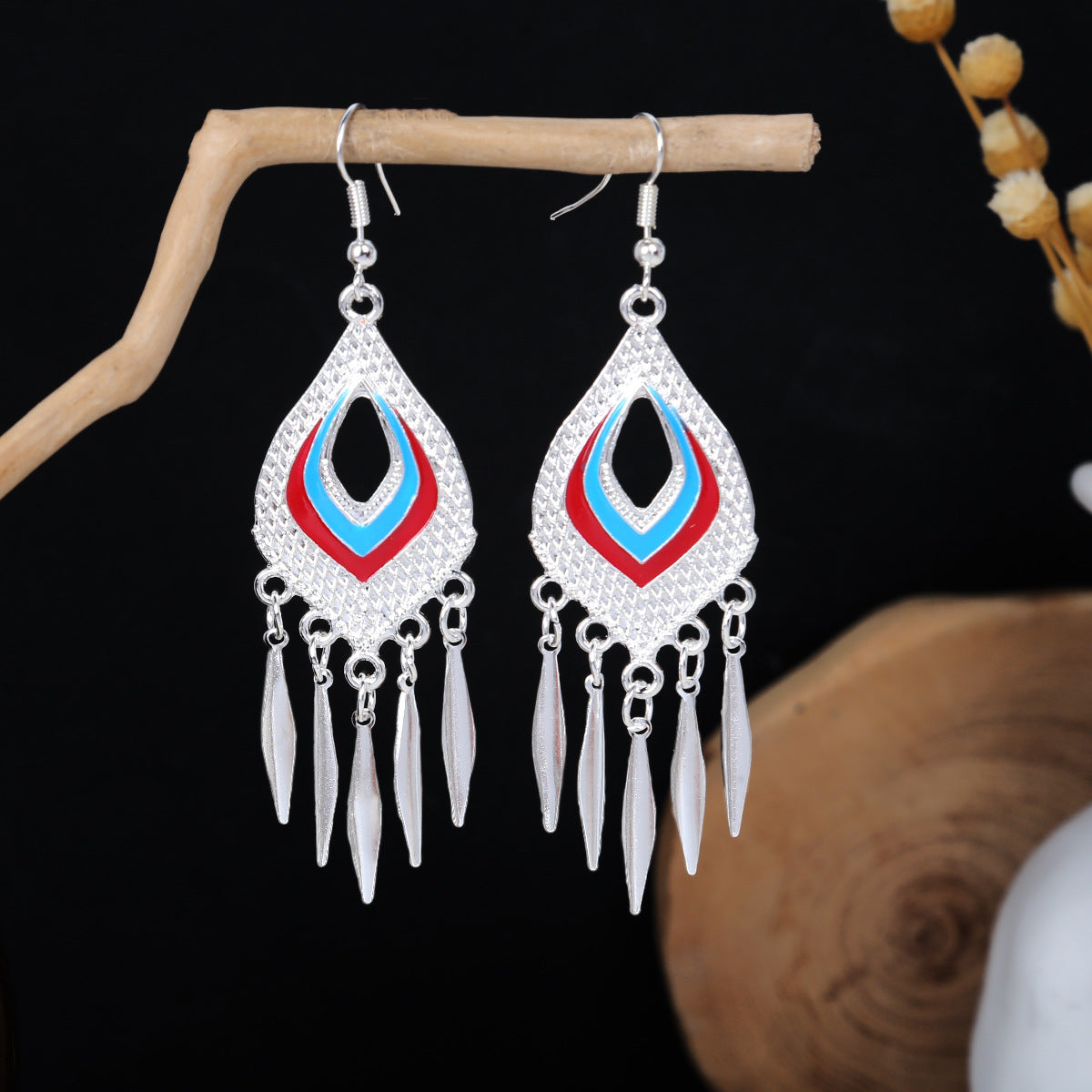 Miao Sier Colorful Long Feather Tassel Rings