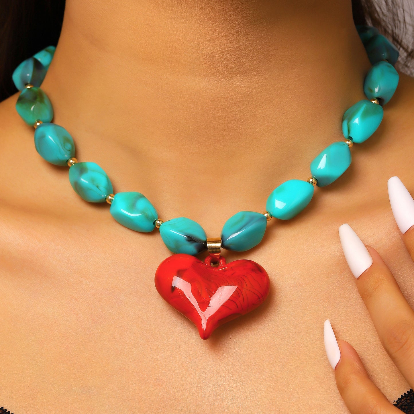 Dopamine Color Resin Big Heart Exaggerated Irregular Beaded Vacation Style Necklaces