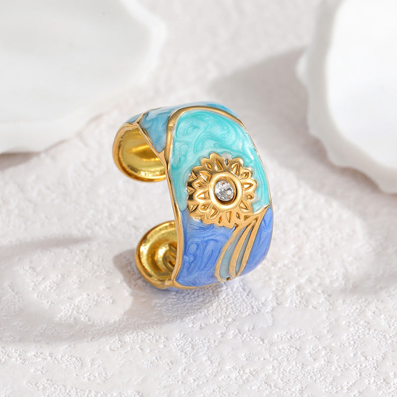 Steel Gold Drop Oil Sunflower Female Shaped Rings
