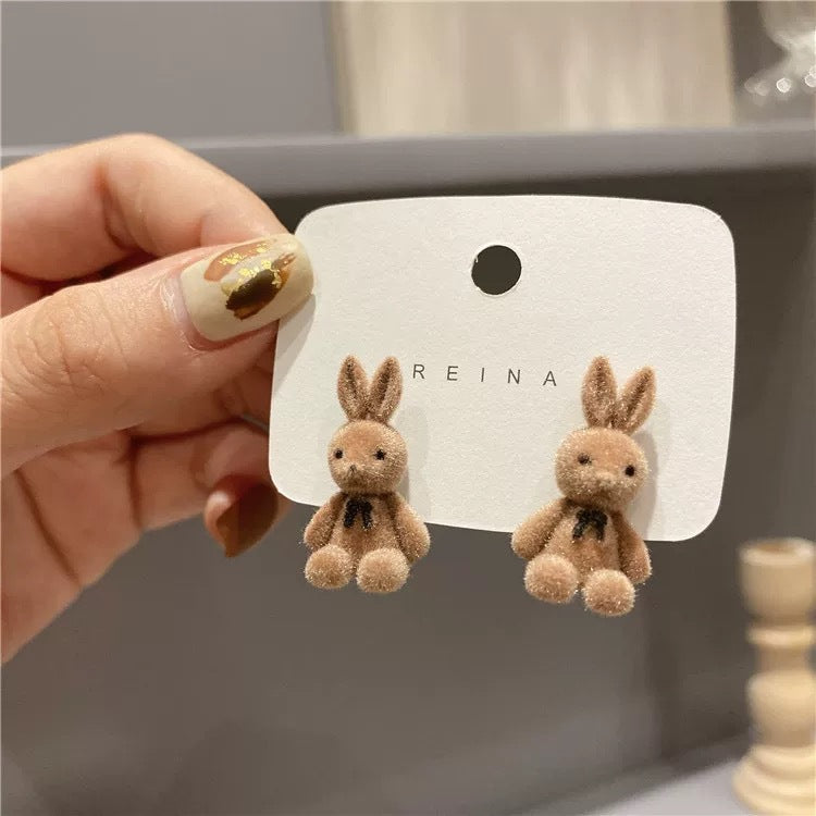 Heart Bunny Korean Flocking Cute Bear Ear Stud Earrings
