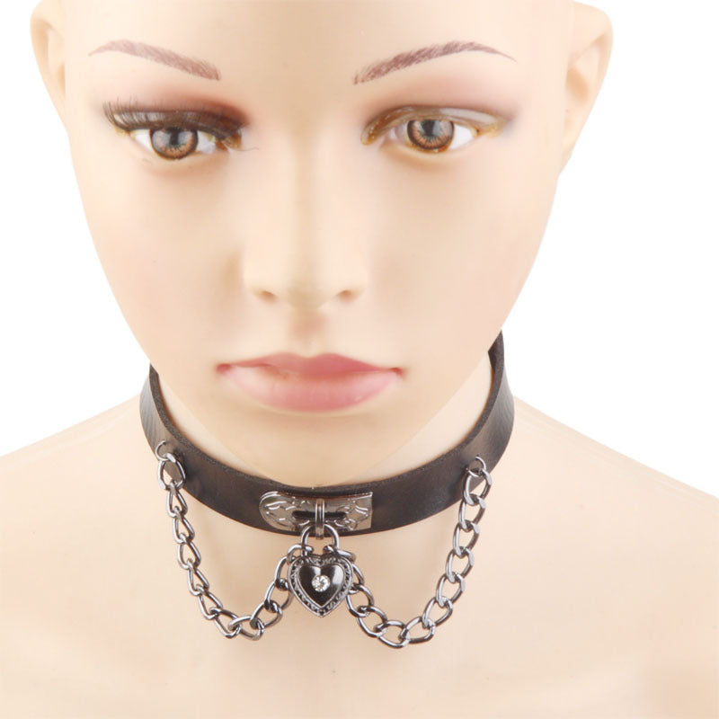 Dark Punk Heart Leather Chain Neck Band Peach Style Collar